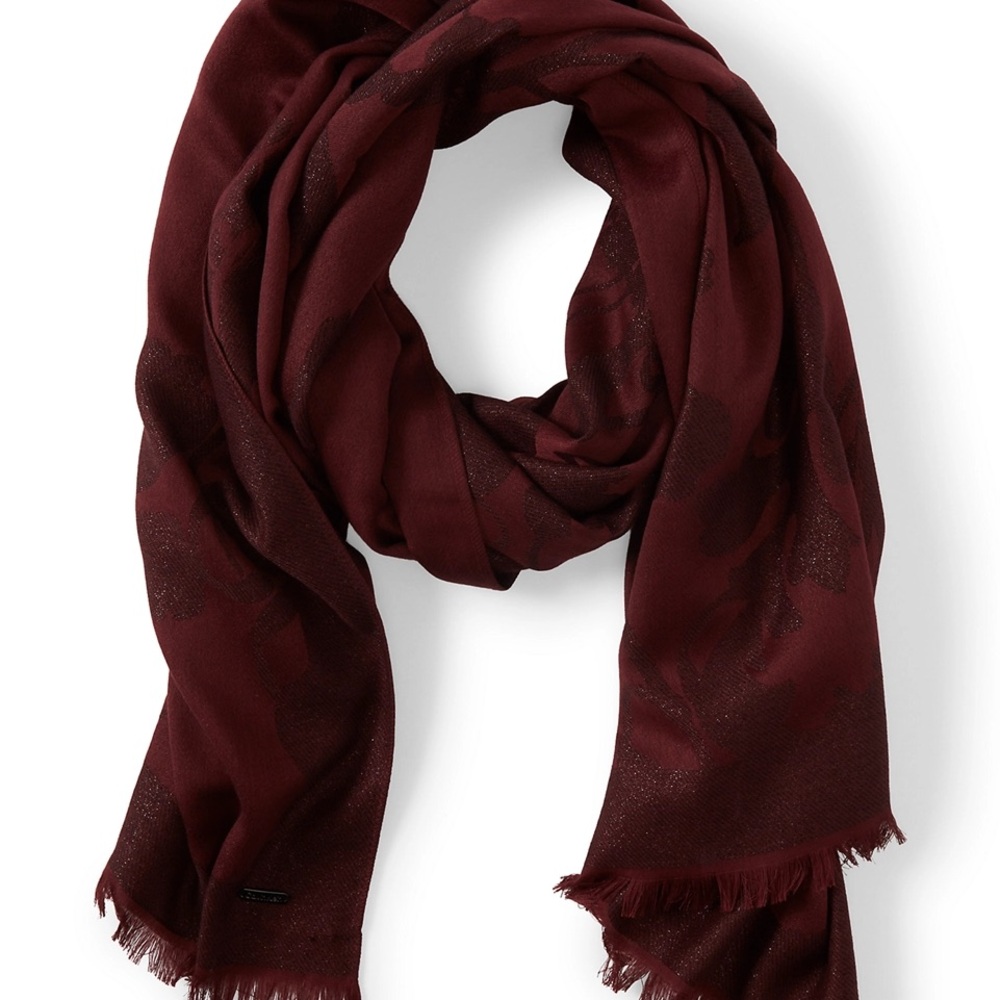 Calvin Klein Metallic Shimmer Floral Lightweight Wrap Scarf | Rhubarb Maroon